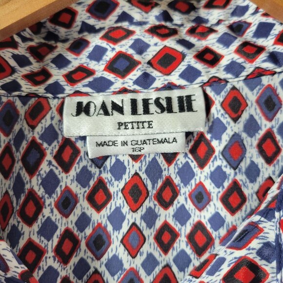 Joan Leslie Petite Womens Button Up Shirt 16P Red‎ Blue Geometric Print Top - Picture 2 of 10